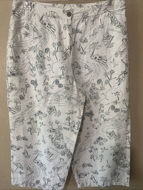 Chico's size 2 White Linen Shorts with Black Graphics Palm Tree Dogs Turtle